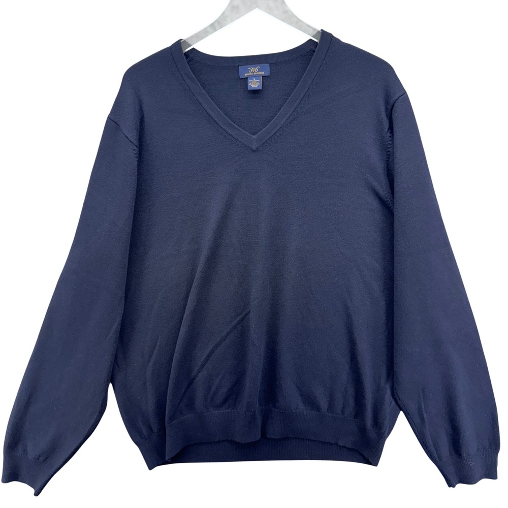 Brooks Brothers 346 Mens Merino Wool V Neck Sweater Size L Navy Blue Business